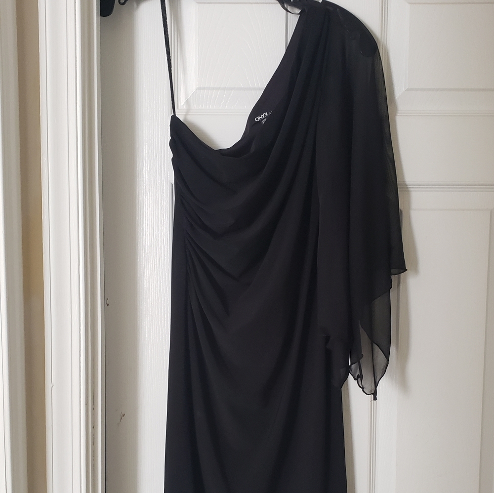 Black one shoulder dress with sheer sleeve